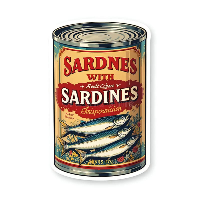 Artistic Sardines Can Illustration Featuring Vintage Label Design and Detailed Fish Graphics Creating a Retro Food Still Life for
