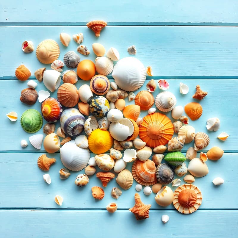 Artistic Shell Display Featuring Diverse Shapes and Colors on Blue Wooden Planks vector illustration