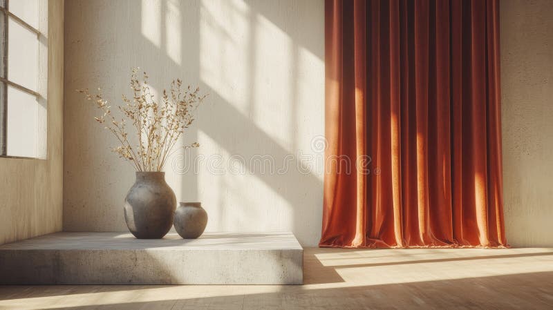 An artistic studio setting with minimal Rectangular Podium in Maroon and Beige tones with Geometric Design and Vases royalty free stock photo