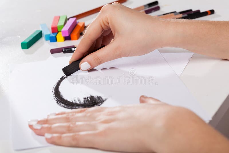 Artistic tools and woman painted pastel stock image