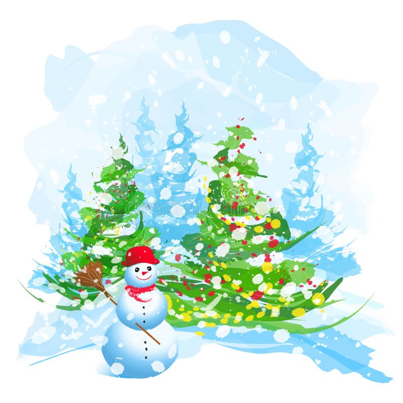 Download Artistic Watercolor Christmas Tree And Snowman Stock ...