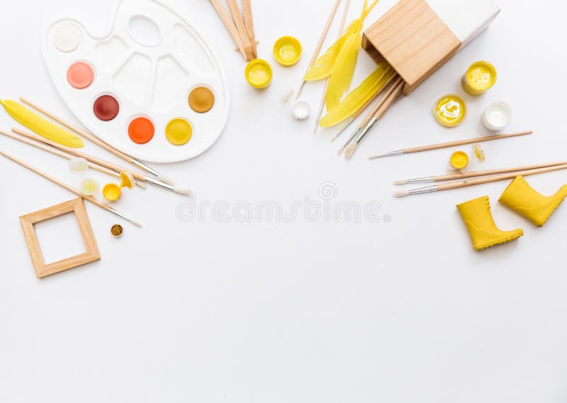 Artistic workspace with watercolor, paintbrush, palette, stock images Artistic workspace with watercolor, paintbrush, palette, stock images