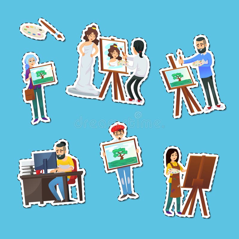 Artists Painting And Showing Artworks Labels Set Stock Vector - Illustration of inspire, idea ...