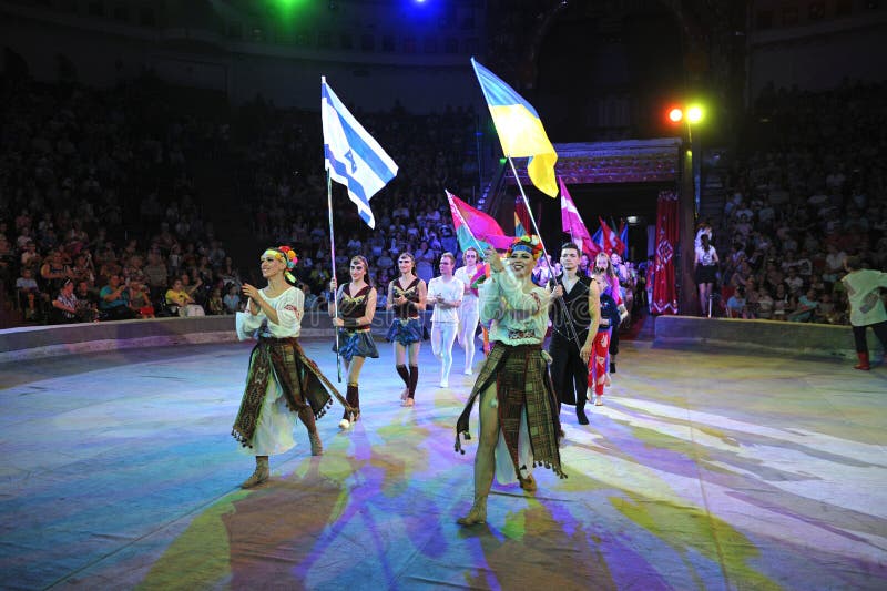 Artists performing during parade in the ring of the circus stock photos