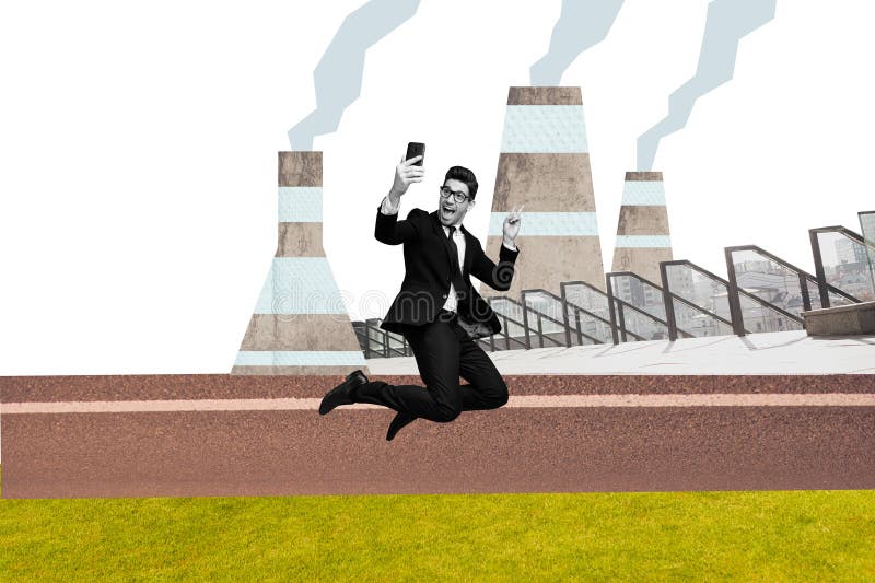 Artwork collage of excited elegant black white effect guy jump show v-sign make selfie smart phone power plant air pollution.