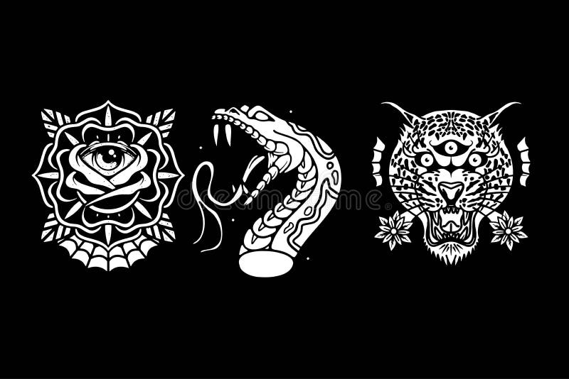 artwork design black and white of rose , snake and head cheeta vector illustration