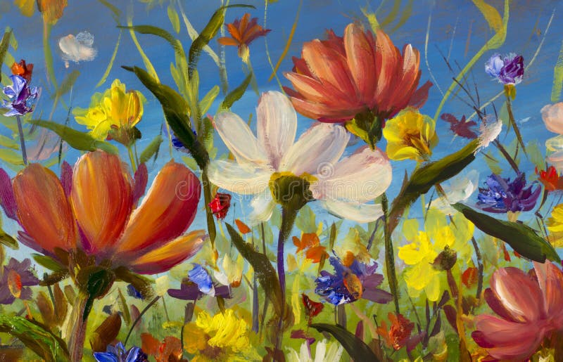 Umelecké dielo, ručné abstraktnú olejomaľbu svetlé kvety kvetinové krajiny.