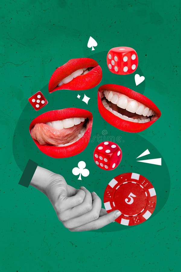 Artwork image 3 d collage photo of black white silhouette big hand hold gambling chip in fingers three huge mouths fly around with dice.