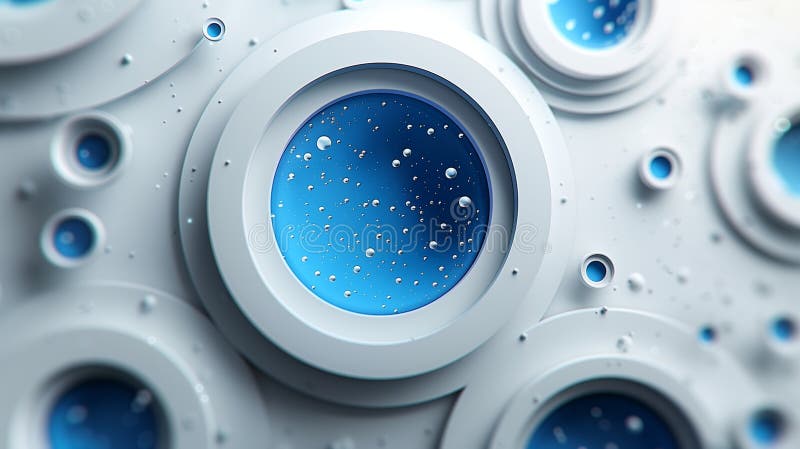 Abstract Design Featuring Textured Circular Patterns With Blue Hues and Water Droplets Set Against a Light Background royalty free stock photography