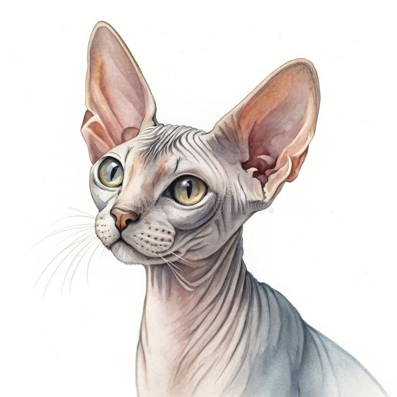 Multiple cat breeds illustrated in watercolor, featuring a unique Ukrainian Levkoy stock illustration