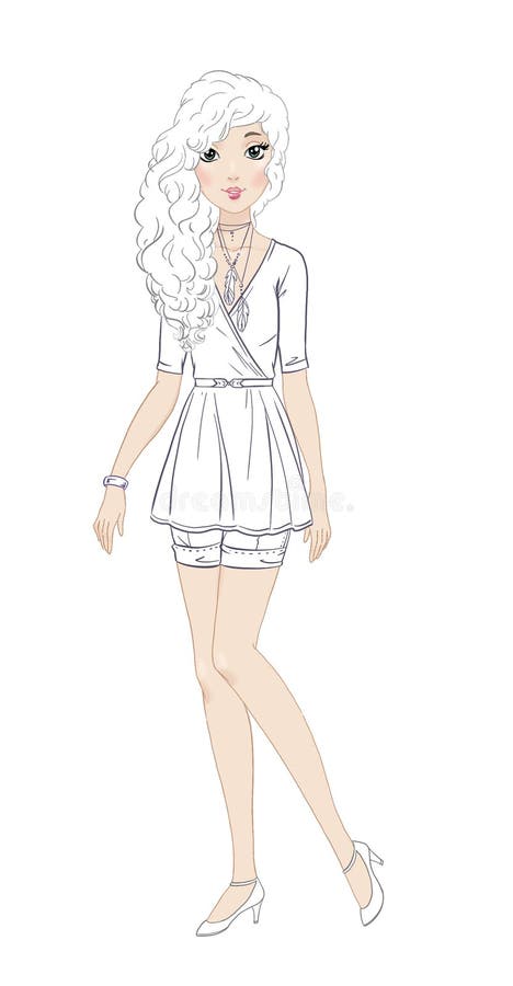 Fashionable Teen Girl in Beautiful Casual Outfit Coloring Page Stock