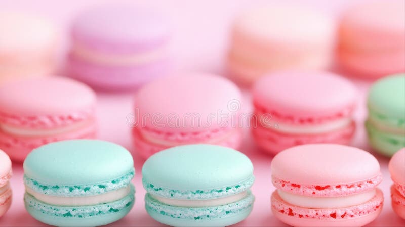 Artystyczne rozmieszczenie pysznych makaronów w miękkich kolorach pastelowych wyświetlanych na delikatnej powierzchni dla słodkieg fotografia stock