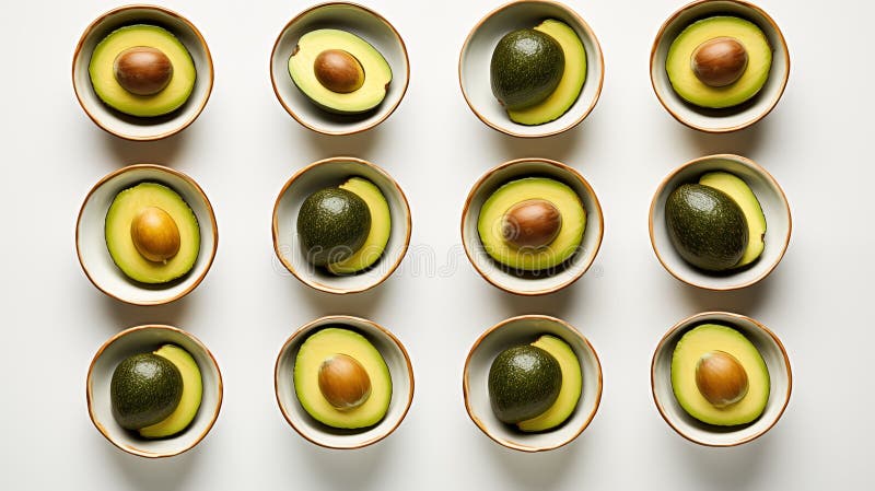An artful and symmetrical display of bowls filled with perfectly ripe avocados, placed on a clean and pristine white surface, AI generated. An artful and symmetrical display of bowls filled with perfectly ripe avocados, placed on a clean and pristine white surface, AI generated