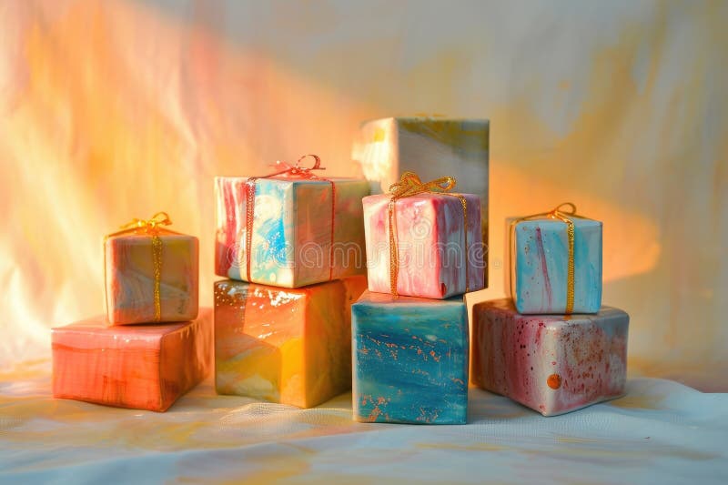 An artful depiction of several beautifully wrapped presents arranged in a group, A collection of miniature gift boxes in the hues of sunset, AI Generated. An artful depiction of several beautifully wrapped presents arranged in a group, A collection of miniature gift boxes in the hues of sunset, AI Generated