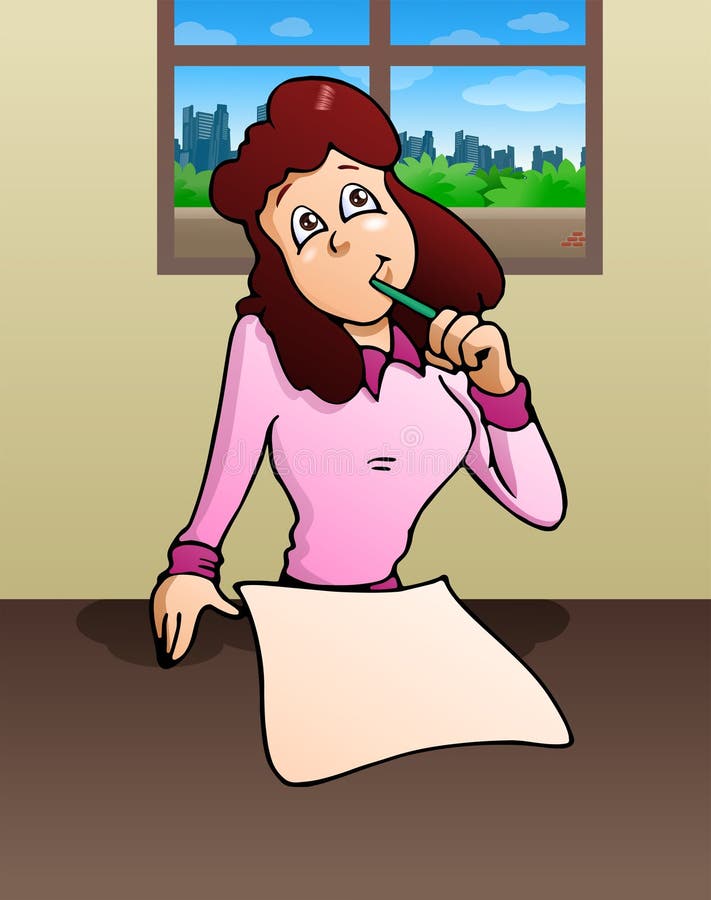 Illustration of a woman writing article on room background. Illustration of a woman writing article on room background