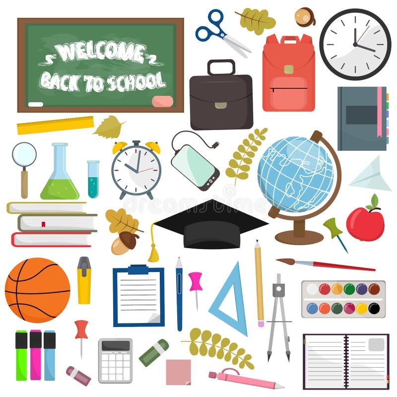 Artículos de la escuela y del lugar de trabajo de la educación Ejemplo plano del vector de las fuentes de escuela ilustración del vector Artículos de la escuela y del lugar de trabajo de la educación Ejemplo plano del vector de las fuentes de escuela ilustración del vector