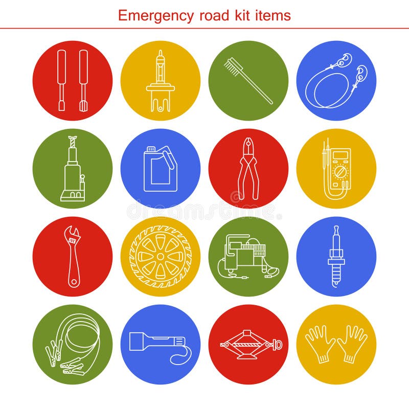 Artículos del equipo del camino de la emergencia ilustración del vector Artículos del equipo del camino de la emergencia ilustración del vector