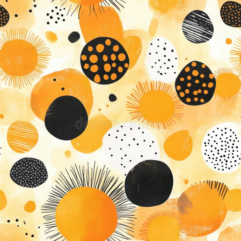 Artă abstractă vibrantă cu modele circulare portocalii și negre și tușe de pensulă. stock image