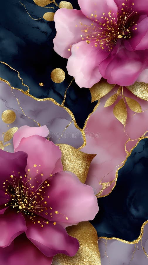 Artă elegantă cu flori roz și accente aurii pe fundal texturat întunecat royalty free stock image