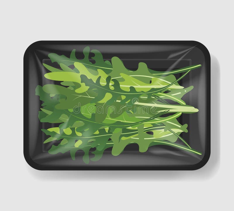 Download Arugula Salad Leaves With Plastic Tray Container With Cellophane Cover. Mockup Template For Your ...