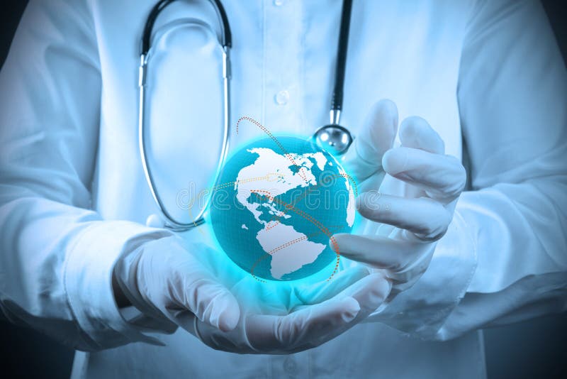 Medical Doctor holding a world gobe in her hands as medical network. Medical Doctor holding a world gobe in her hands as medical network