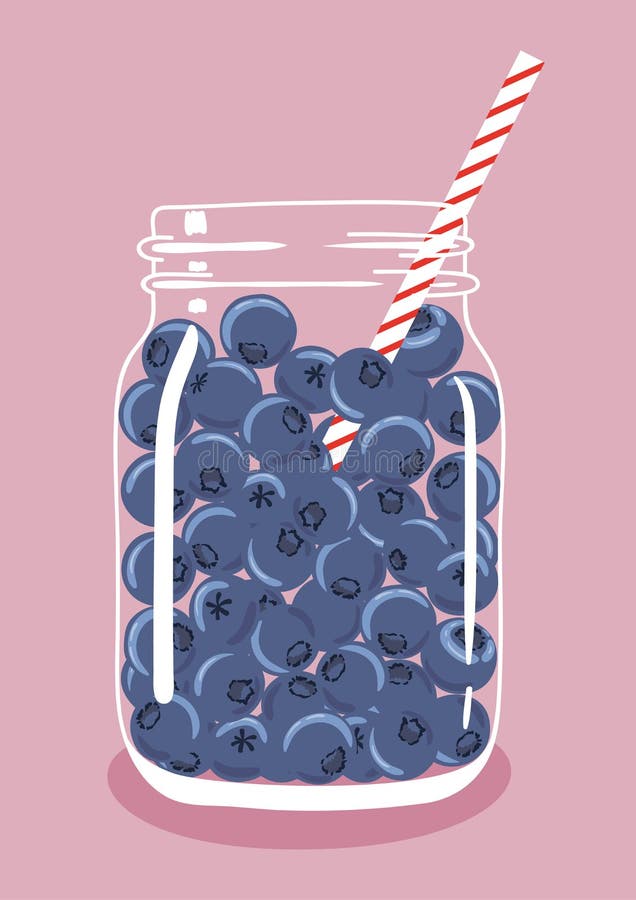 Arándanos en tarro de albañil con la paja Ilustración drenada mano del vector stock de ilustración Arándanos en tarro de albañil con la paja Ilustración drenada mano del vector stock de ilustración