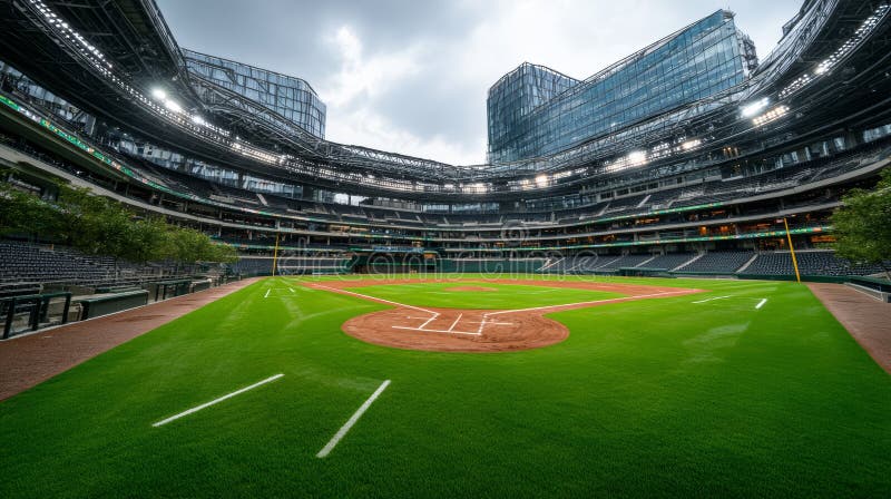 Stade de baseball vide au printemps avec une architecture moderne et un ciel nuageux illustration libre de droits