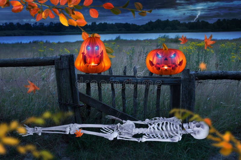 As abóboras alaranjadas assustadores do Dia das Bruxas com incandescência eyes na frente de um prado Skeletton está encontrando-s imagens de stock As abóboras alaranjadas assustadores do Dia das Bruxas com incandescência eyes na frente de um prado Skeletton está encontrando-s imagens de stock