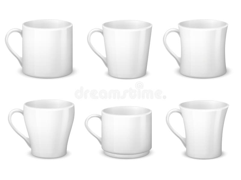 As canecas de café branco vazias realísticas com os copos do punho e da porcelana vector o molde isolado