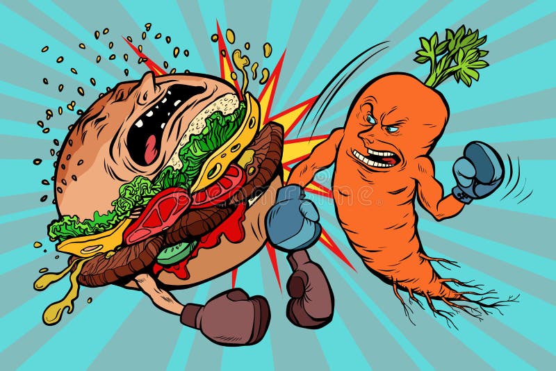 As cenouras batem um hamburguer, vegetarianismo contra o fast food ilustração stock As cenouras batem um hamburguer, vegetarianismo contra o fast food ilustração stock