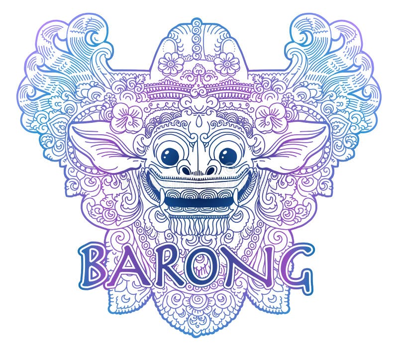 As cores azuis e violetas rabiscam a máscara de Barong do deus do leão do balinese do vetor do estilo isolada no branco ilustração royalty free As cores azuis e violetas rabiscam a máscara de Barong do deus do leão do balinese do vetor do estilo isolada no branco ilustração royalty free