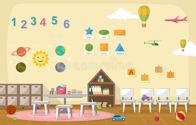 design de interiores de sala de jogos para crianças modernas. sala de aula  do jardim de infância com ilustração de desenhos animados de móveis,  artigos de papelaria e brinquedos 13810093 Vetor no