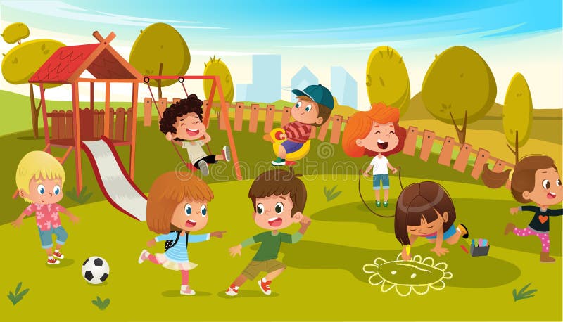 Grupo De Crianças Que Jogam O Jogo Em Um Parque Público Ou Playground Da  Escola Com Balanços, Slides, Skate, Bola, Lápis De Cor, Corda, Jogo Do  Catch-up. Infância Feliz. Ilustração Moderna. Clipart