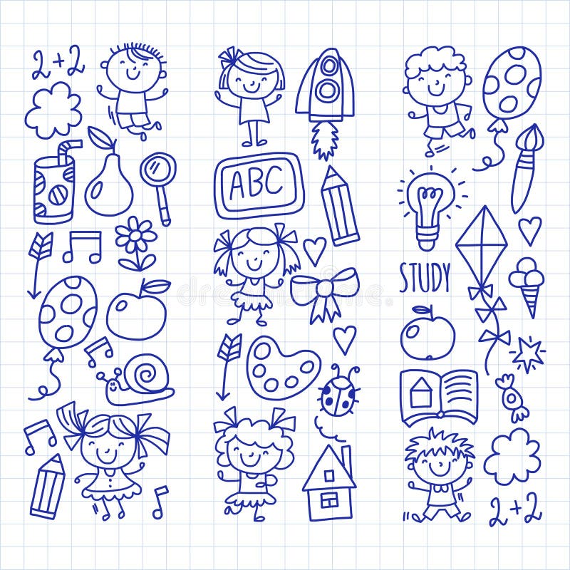 Desenhar Dos Miúdos Kindergarten Escola Crianças Felizes No Campo De Jogos  Ilustração Do Pastel Ilustração Stock - Ilustração de nuvem, flor: 124605992