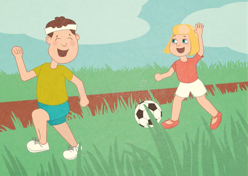 As crianças corrida, estão jogando o futebol, crianças que têm o divertimento, correndo ao redor no campo, no irmão e na irmã, 'd ilustração stock As crianças corrida, estão jogando o futebol, crianças que têm o divertimento, correndo ao redor no campo, no irmão e na irmã, 'd ilustração stock