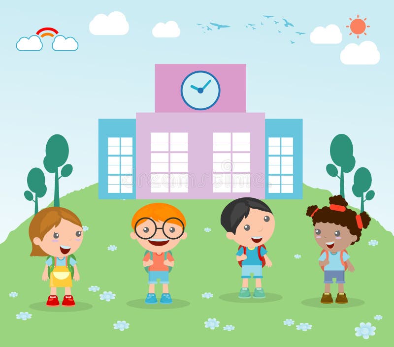 As crianças vão à escola, criança vão à escola, de volta à escola, crianças bonitos dos desenhos animados, crianças felizes, ilus ilustração stock As crianças vão à escola, criança vão à escola, de volta à escola, crianças bonitos dos desenhos animados, crianças felizes, ilus ilustração stock
