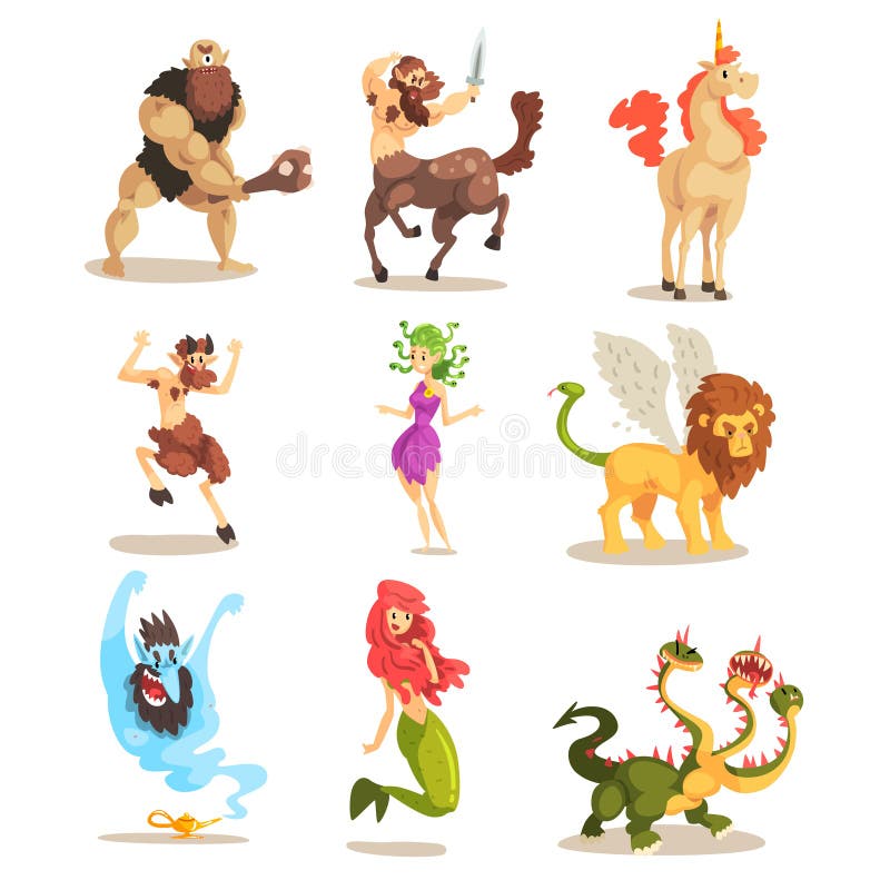 Ancient mythical creatures set, Cyclops, Centaur, Unicorn, Satyr Faun, Medusa Gorgon, Three headed dragon, Mermaid, Winged Lion vector Illustrations isolated on a white background. Ancient mythical creatures set, Cyclops, Centaur, Unicorn, Satyr Faun, Medusa Gorgon, Three headed dragon, Mermaid, Winged Lion vector Illustrations isolated on a white background.