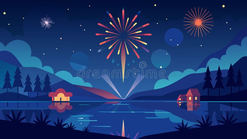 As the darkness of the night is lit by the radiant fireworks the serene lake serves as a peaceful oasis with its calm waters reflecting the. Vector illustration AI generated