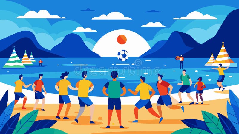 As equipes vieram de todos os lugares para competir neste torneio de futebol de praia altamente previsto com o azul deslumbrante ilustração stock