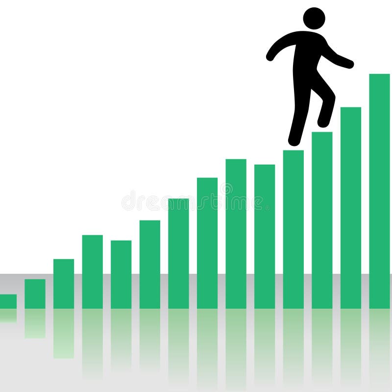 A symbol business person climbs up a Profit Chart Graph as stairs, with reflection. A symbol business person climbs up a Profit Chart Graph as stairs, with reflection.