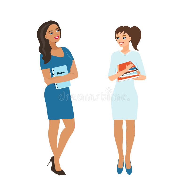 As estudantes, estudantes guardam uma pilha de livros As meninas estão sorrindo, em antecipação ao começo da escola ilustração do vetor As estudantes, estudantes guardam uma pilha de livros As meninas estão sorrindo, em antecipação ao começo da escola ilustração do vetor