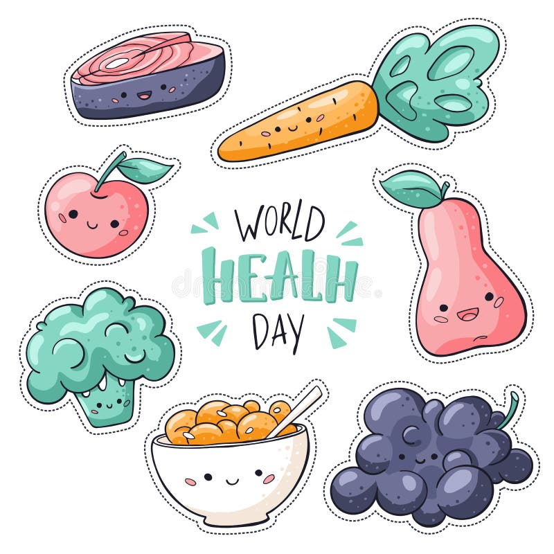 As etiquetas do dia de sa?de de mundo embalam Sinal do dia de sa?de de mundo Cole??o saud?vel das etiquetas do alimento no estilo ilustração royalty free As etiquetas do dia de sa?de de mundo embalam Sinal do dia de sa?de de mundo Cole??o saud?vel das etiquetas do alimento no estilo ilustração royalty free