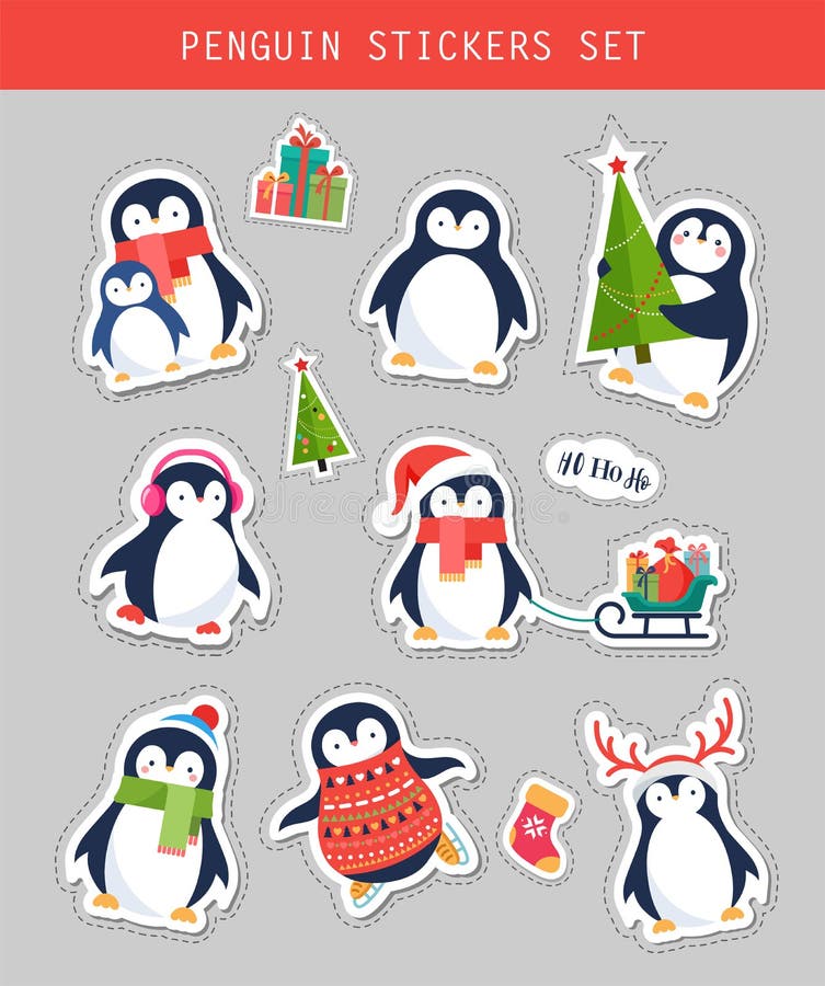As etiquetas do pinguim do Natal ajustam-se, remendam-se e etiquetas ilustração stock As etiquetas do pinguim do Natal ajustam-se, remendam-se e etiquetas ilustração stock