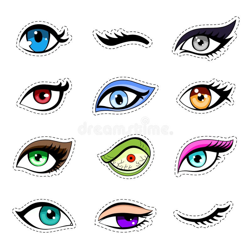 As etiquetas, grupo do remendo da mulher eyes a coleção Estilo dos desenhos animados do Anime Jogo da etiqueta do vetor ilustração royalty free As etiquetas, grupo do remendo da mulher eyes a coleção Estilo dos desenhos animados do Anime Jogo da etiqueta do vetor ilustração royalty free