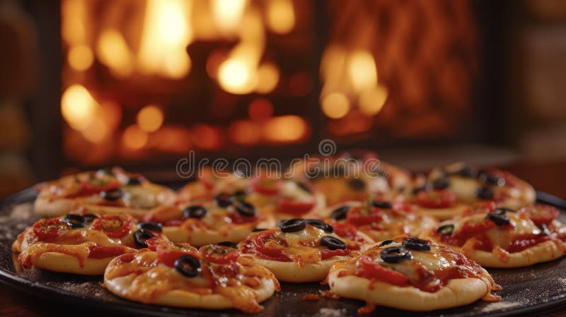 în timp ce focul răsare în fundal, un platou de mini pizza stă pe mantaua care așteaptă să fie devorat. cu stock photos