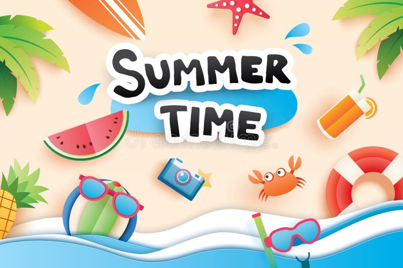 As horas de verão com papel cortaram o ícone do símbolo para o backgr da praia das férias