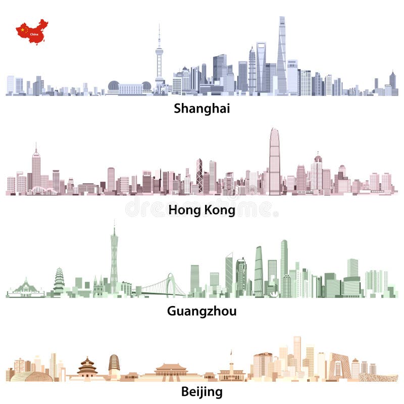 As ilustrações abstratas do vetor de skylines de Shanghai, de Hong Kong, de Guangzhou e de Pequim com China traçam ilustração royalty free As ilustrações abstratas do vetor de skylines de Shanghai, de Hong Kong, de Guangzhou e de Pequim com China traçam ilustração royalty free