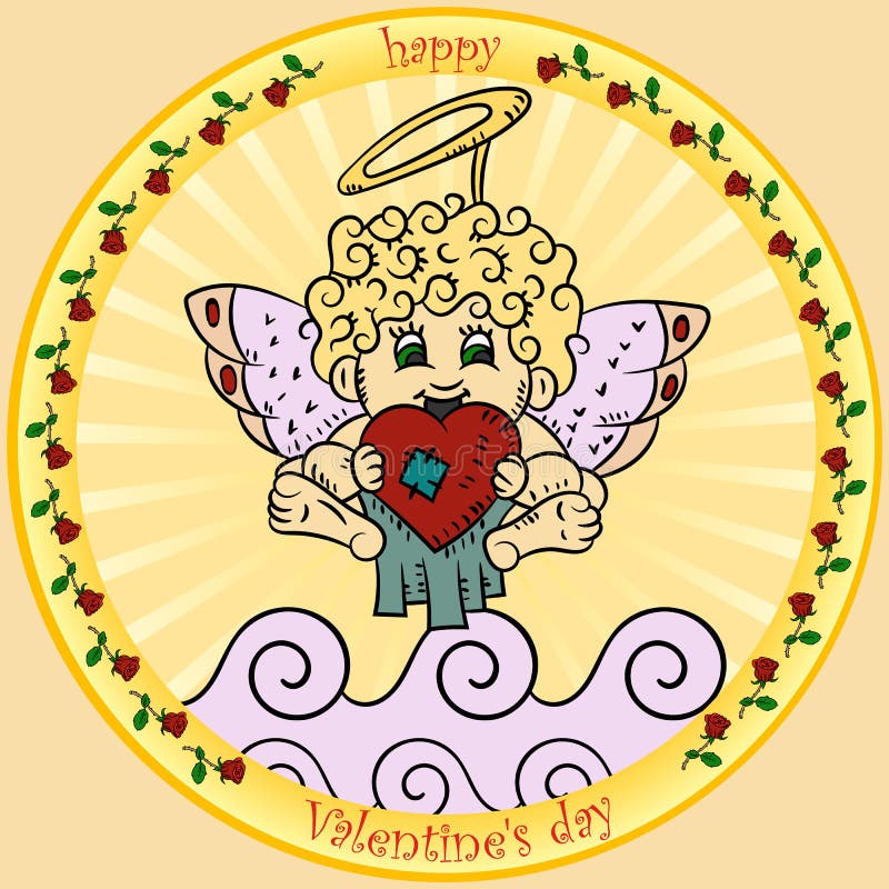 As ilustrações de cor ao estilo dos garranchos das crianças no tema do dia de Valentim, cupido estão guardando um assento do cora ilustração stock As ilustrações de cor ao estilo dos garranchos das crianças no tema do dia de Valentim, cupido estão guardando um assento do cora ilustração stock