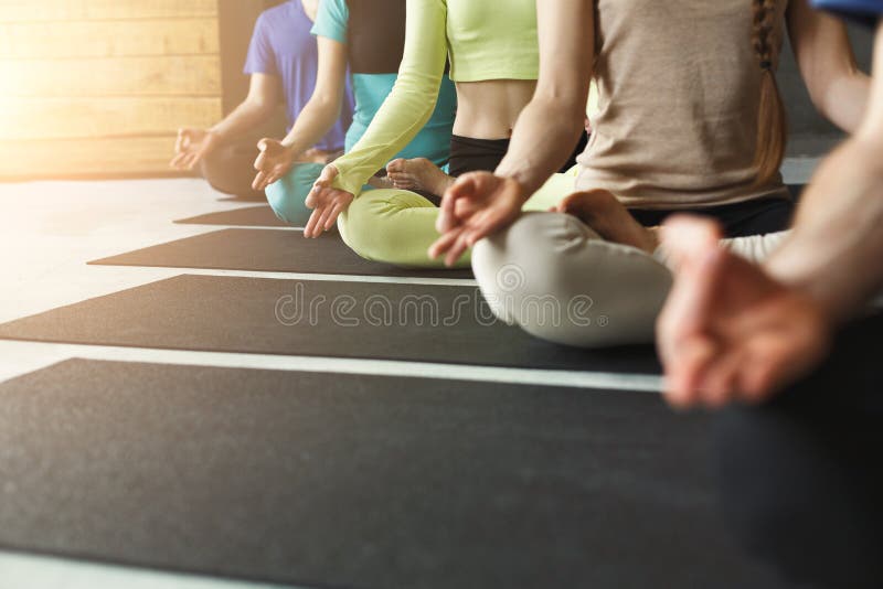 Young women and men in yoga class, meditation exercises. Lotus pose for relaxation. Healthy lifestyle in fitness club, crop, copy space, selective focus on hands. Young women and men in yoga class, meditation exercises. Lotus pose for relaxation. Healthy lifestyle in fitness club, crop, copy space, selective focus on hands