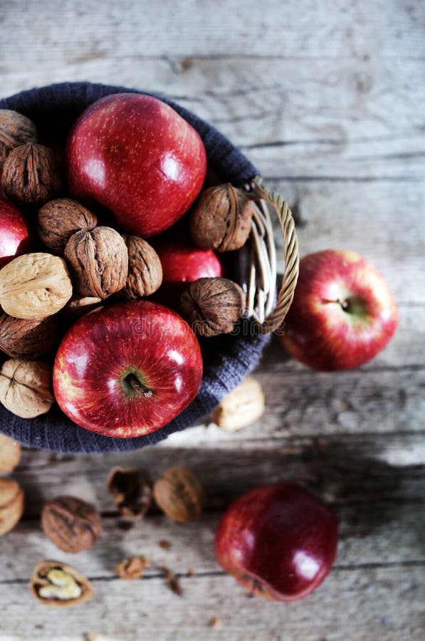 As maçãs e as nozes vermelhas nos shell preencheram a cesta, cena do outono imagem de stock royalty free